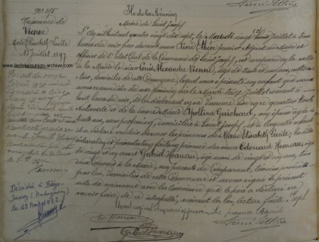 Acte de naissance Marie Elisabeth VIENNE 15 juillet 1897